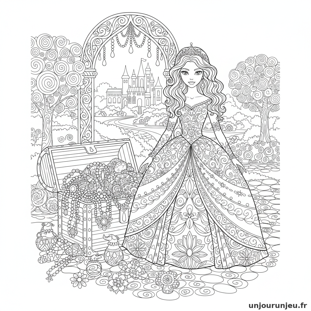 Coloriage Princesse Princesse Devant Coffre Rempli Bijoux 09