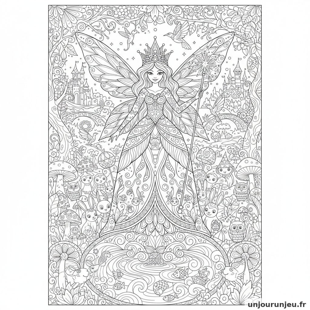 Coloriage Princesse Princesse Feerique Entouree Mille Petites Creature 20