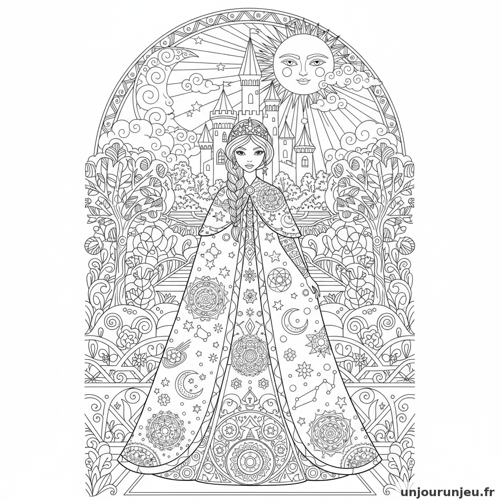 Coloriage Princesse Princesse Manteau Brode Constellations 19