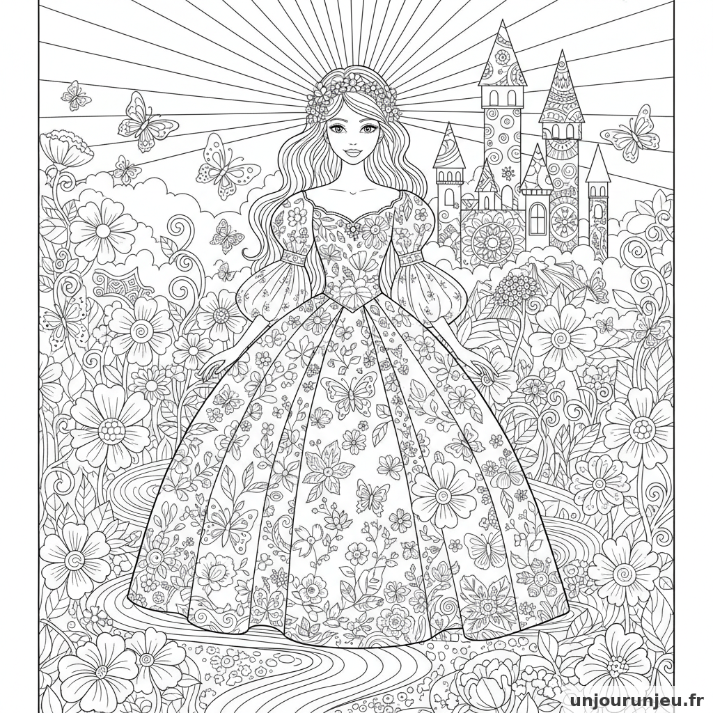 Coloriage Princesse Princesse Robe Brodee Motifs Floraux Papillons 07