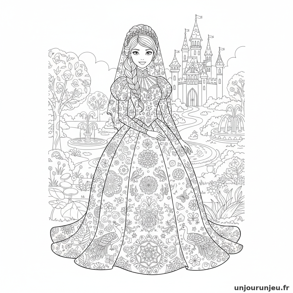 Coloriage Princesse Princesse Robe Mariage Longue Traine Brodee 13