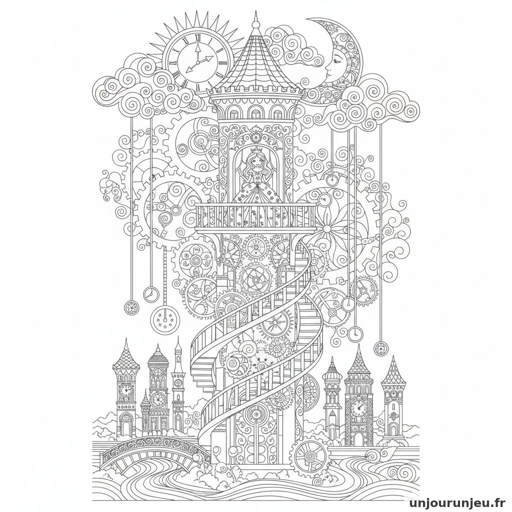 Coloriage Princesse Princesse Tour Rouages Horloges 17