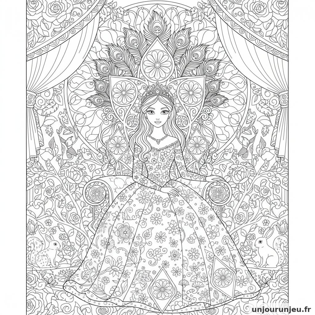 Coloriage Princesse Princesse Trone Orne Pierres Precieuses 01