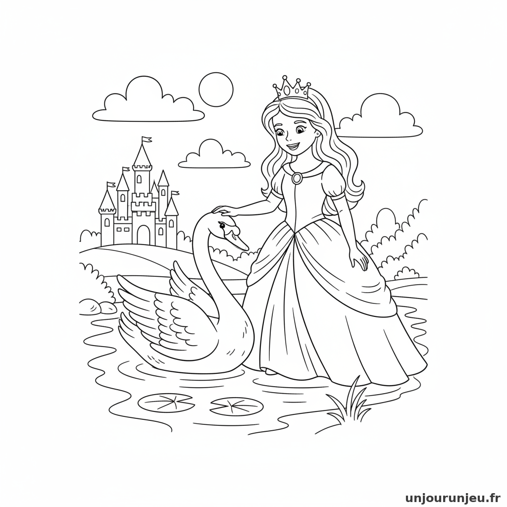 Coloriage Princesse Princesse Caresse Cygne Bord Lac 15