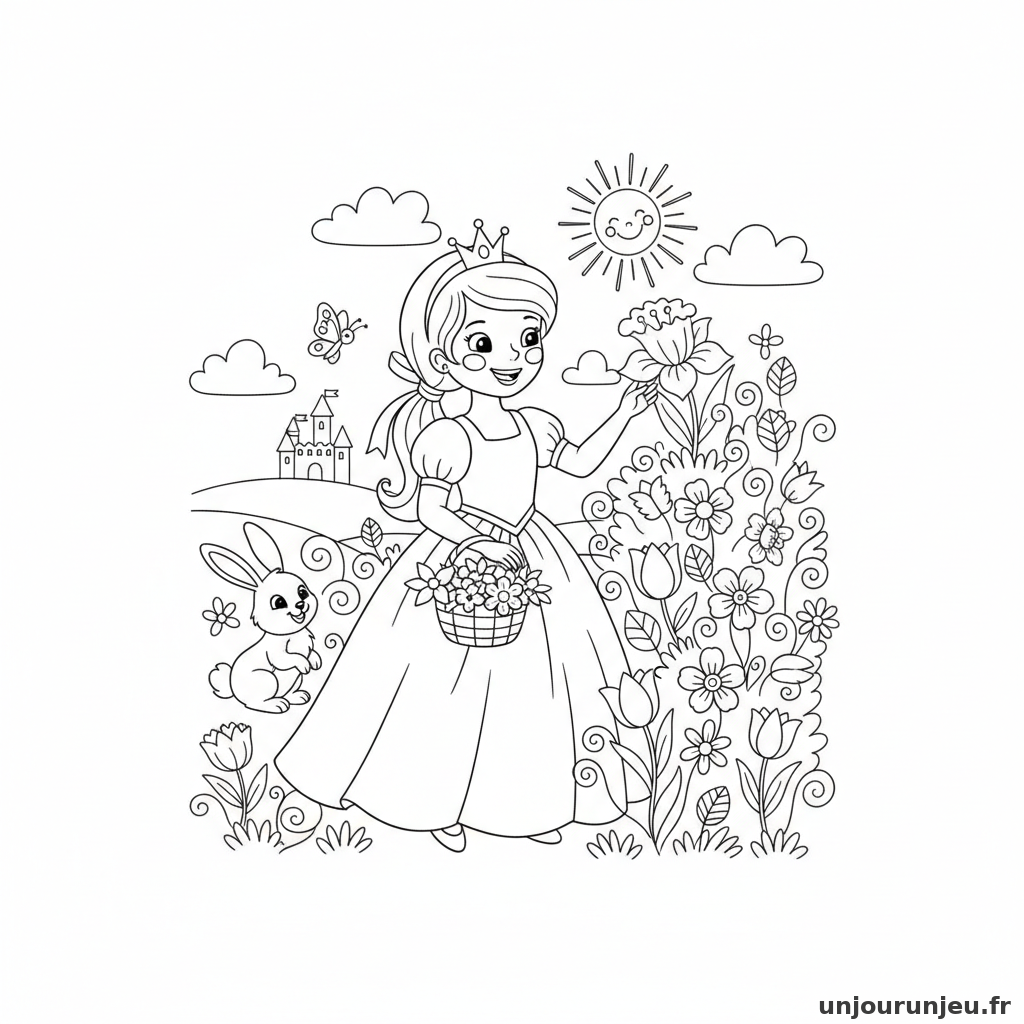 Coloriage Princesse Princesse Cueille Fleurs Printemps 08