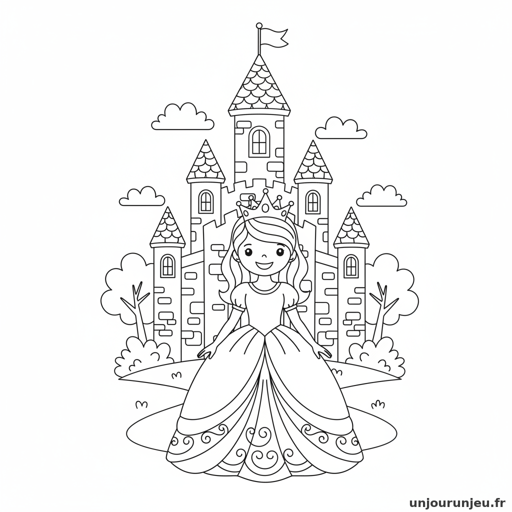 Coloriage Princesse Princesse Devant Chateau Blanc 01