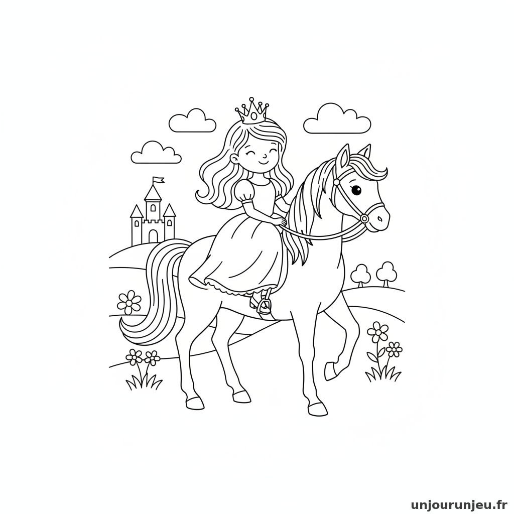 Coloriage Princesse Princesse Monte Cheval Blanc 05