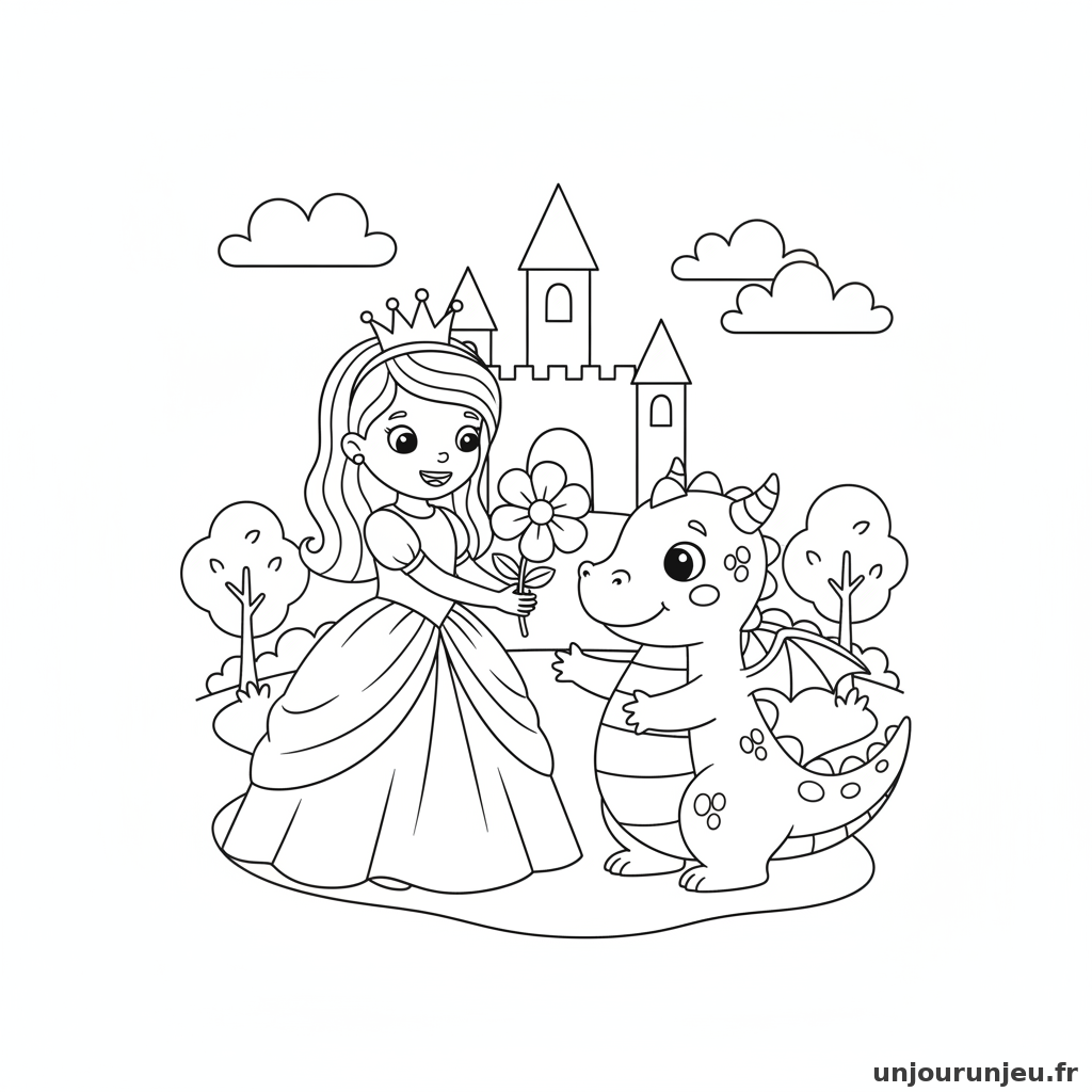 Coloriage Princesse Princesse Offre Fleur Petit Dragon Ami 19