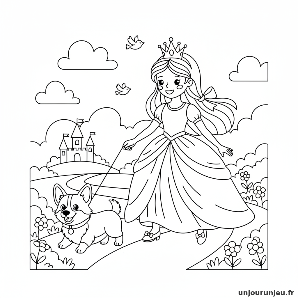 Coloriage Princesse Princesse Promene Corgi 07