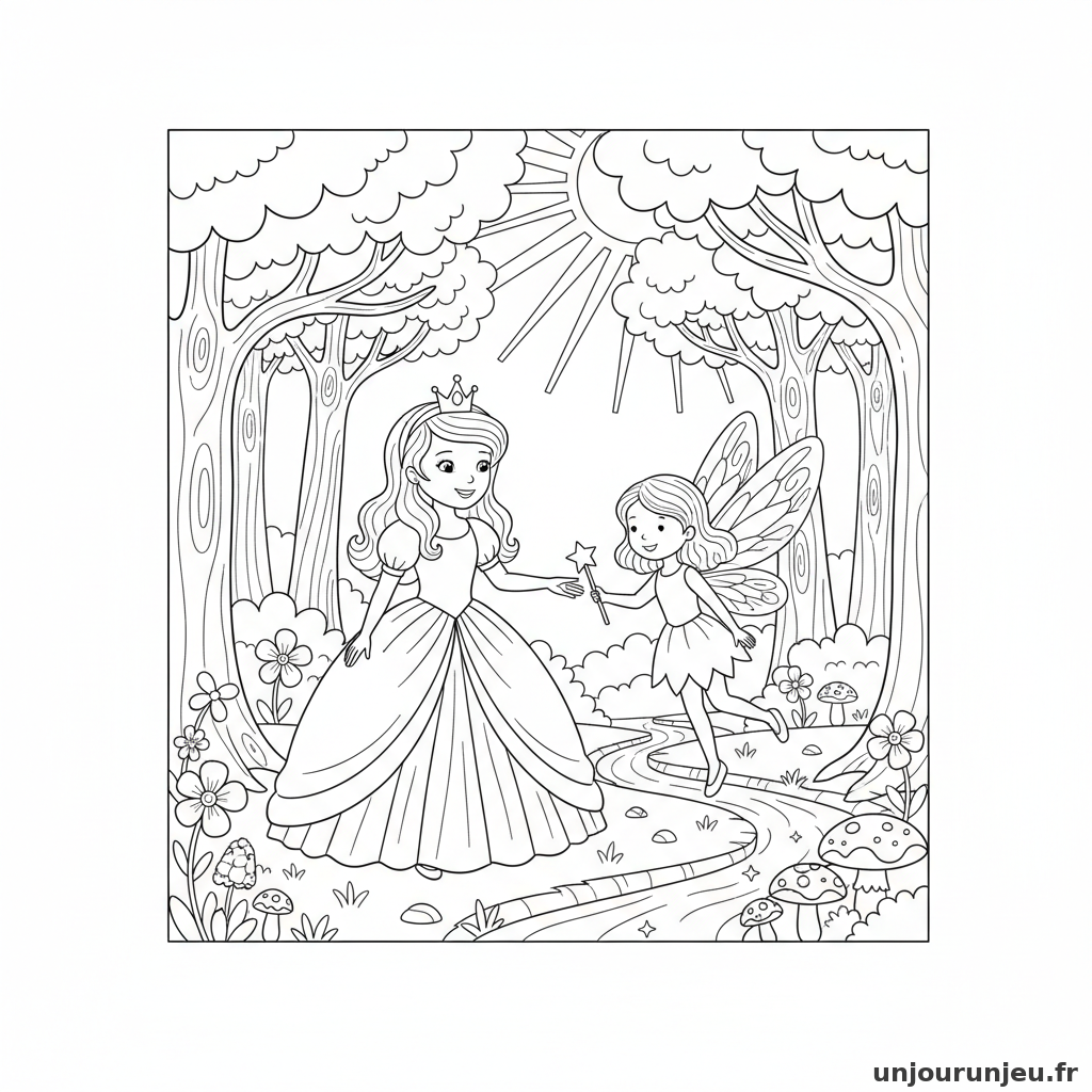 Coloriage Princesse Princesse Rencontre Fee Clairiere 14