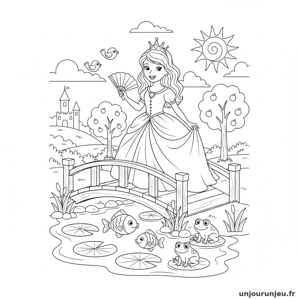 Coloriage Princesse Princesse Traverse Pont Dessus Dun Etang 12