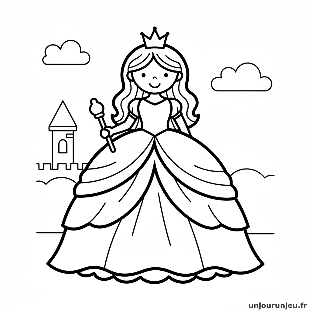 Coloriage Princesse Princesse Grande Robe Volants 02