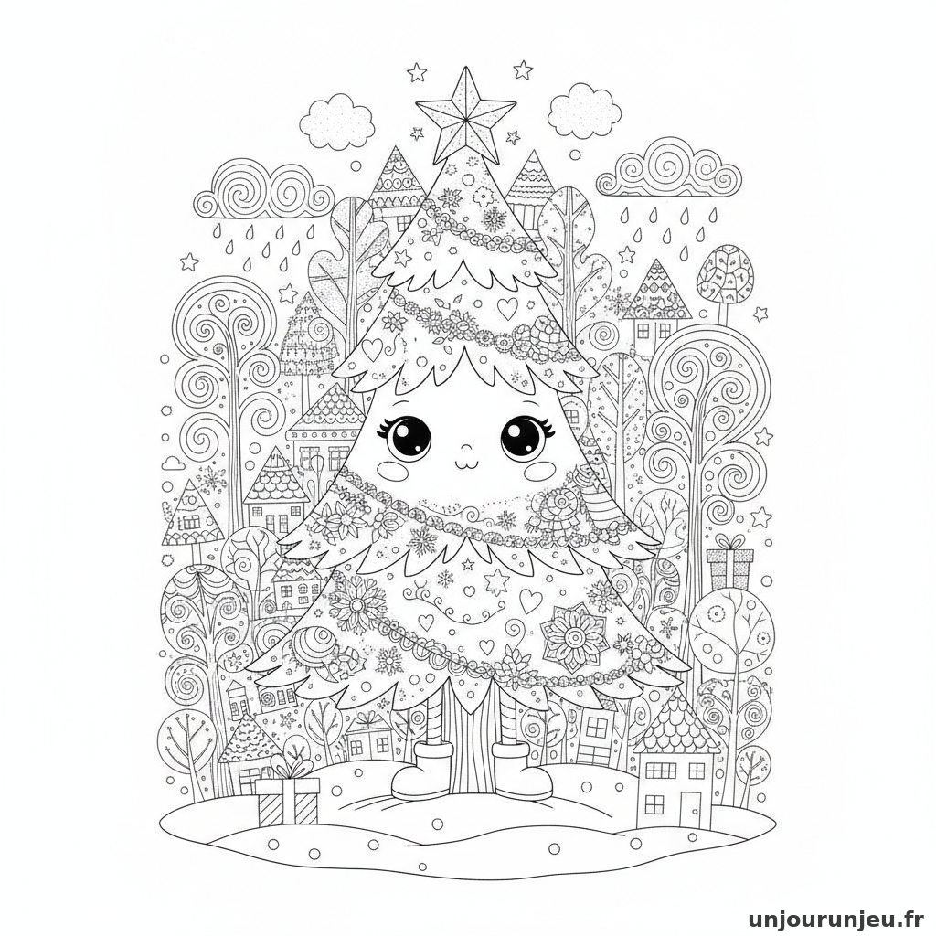 Coloriage Sapin Sapin Kawaii 16
