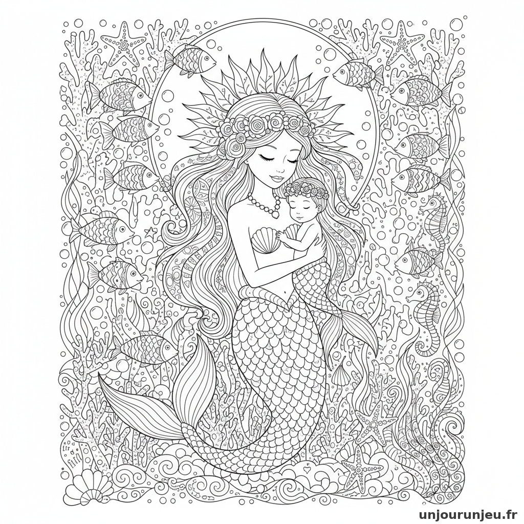 Coloriage Sirene Maman Sirene Bebe Sirene Ornes Details 18