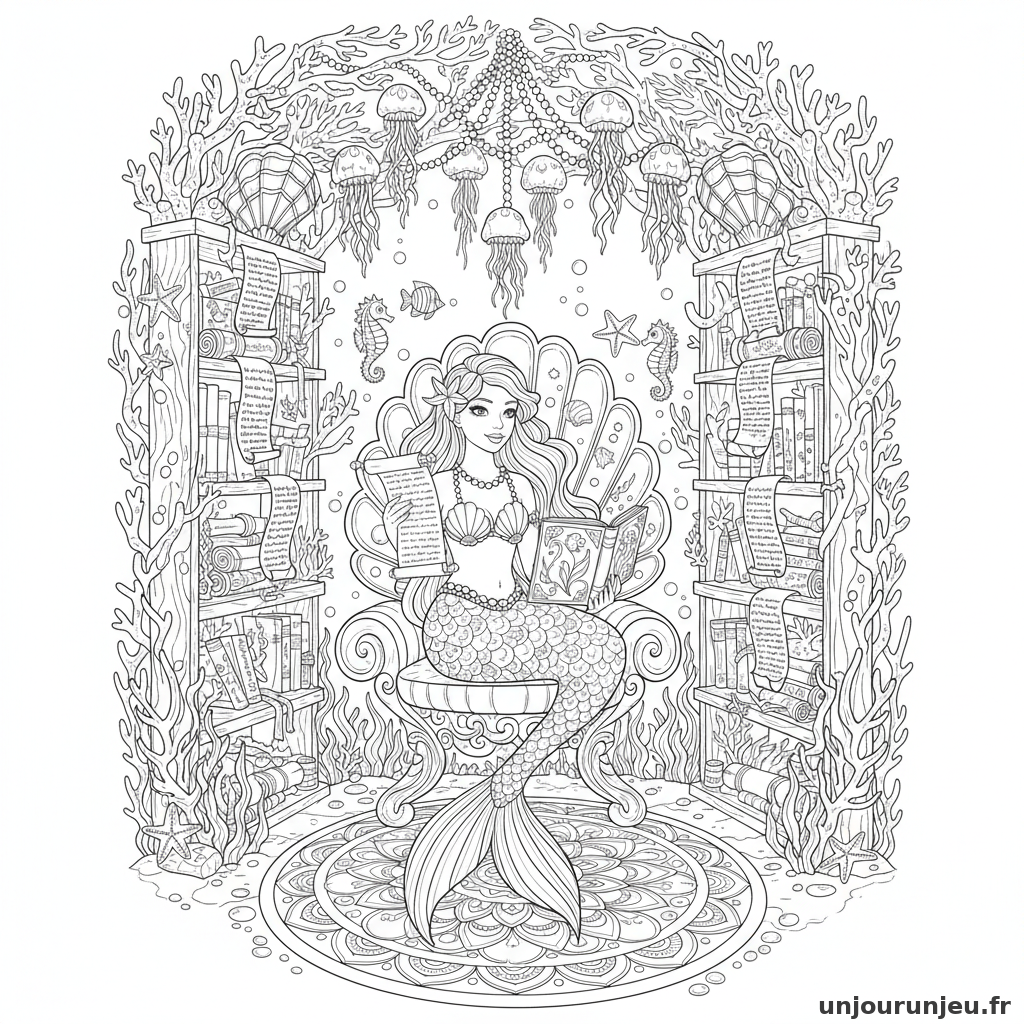 Coloriage Sirene Sirene Bibliotheque Marine Pleine Parchemins 17
