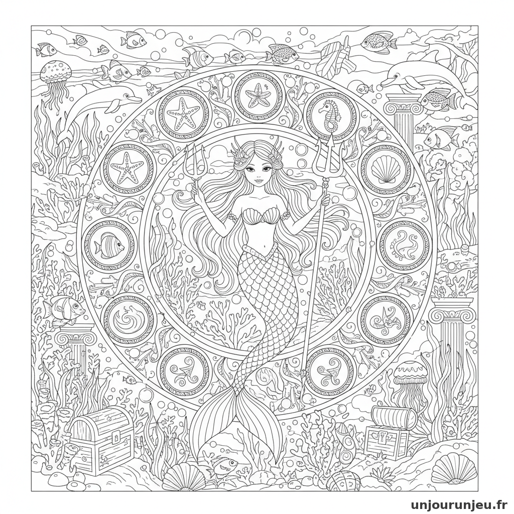 Coloriage Sirene Sirene Centre Dun Cercle Runes Magiques Marines 07
