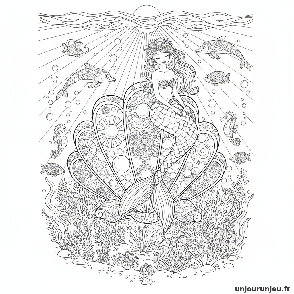 Coloriage Sirene Sirene Coquillage Geant Orne Perles 16