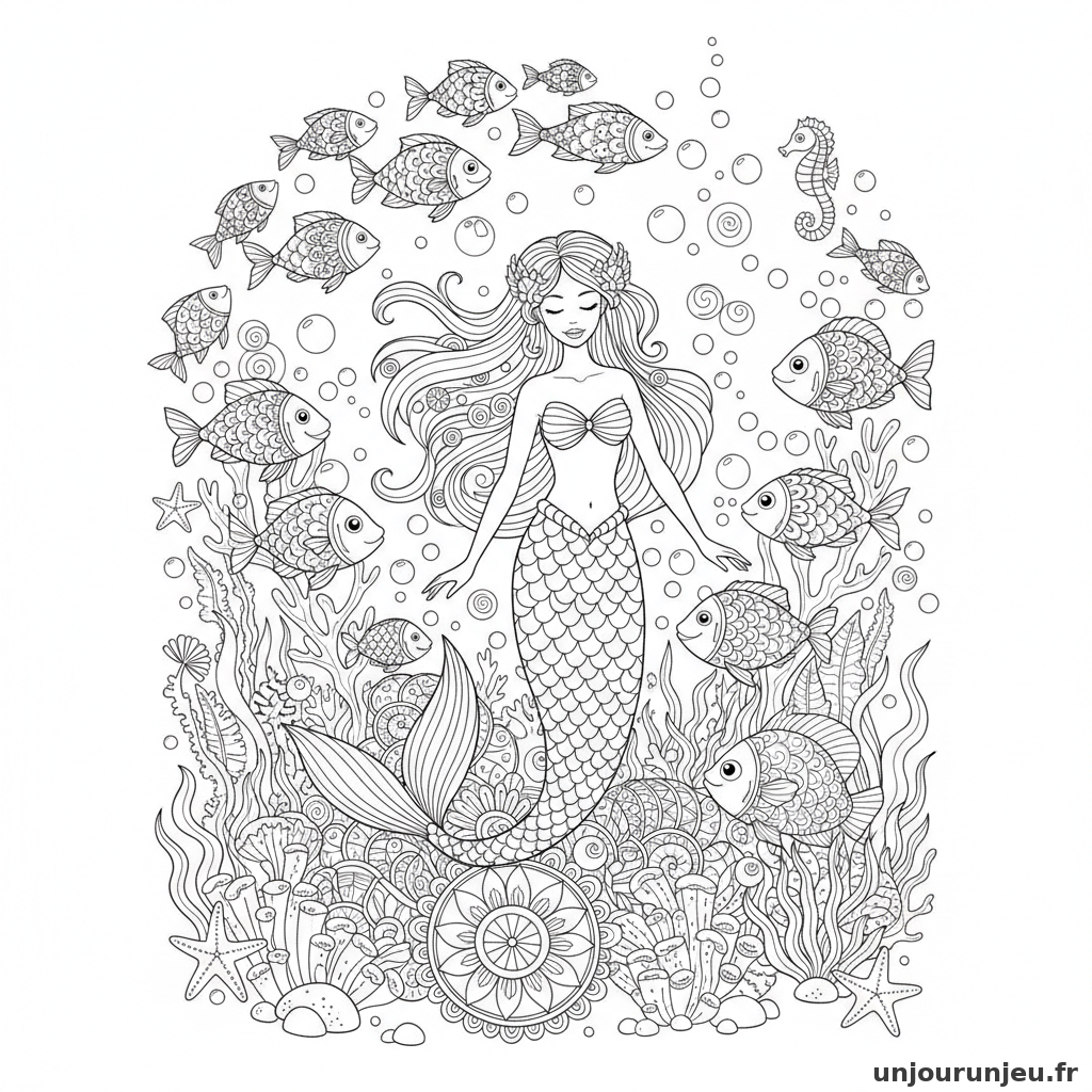 Coloriage Sirene Sirene Entouree Bancs Poissons Bulles 08