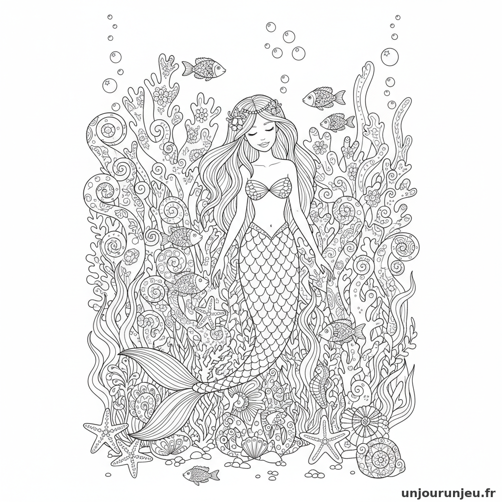 Coloriage Sirene Sirene Jardin Dalgues Coraux Exotiques 04
