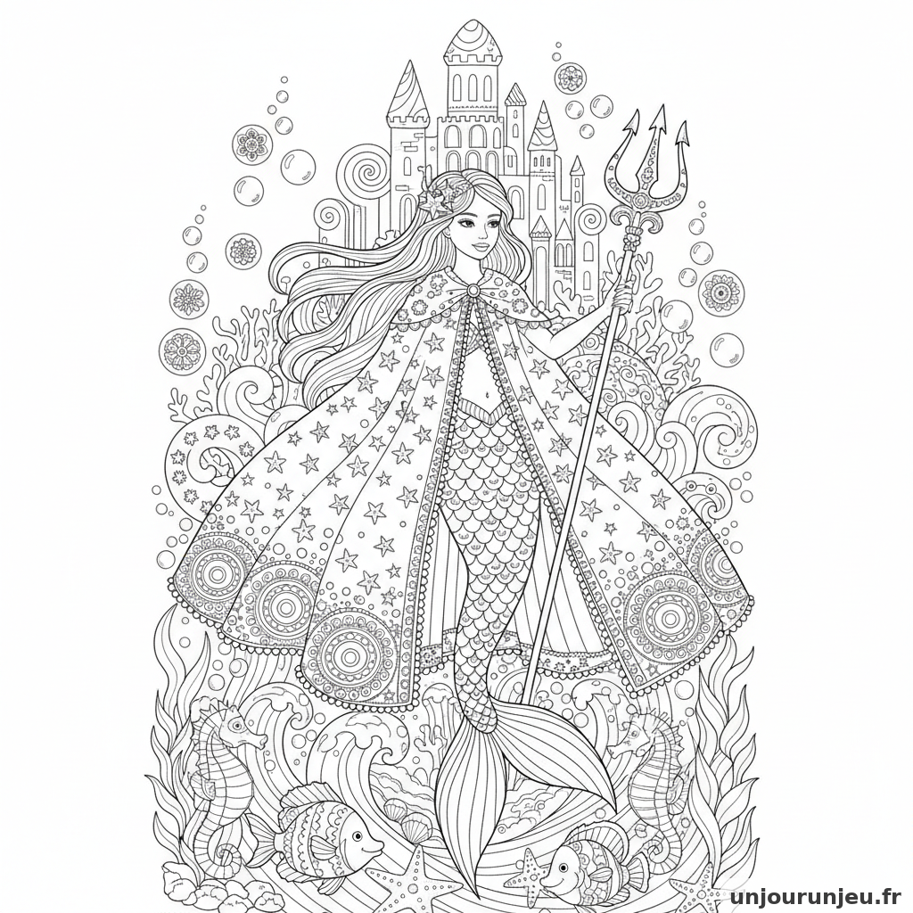 Coloriage Sirene Sirene Portant Cape Brodee Perles Etoiles 06
