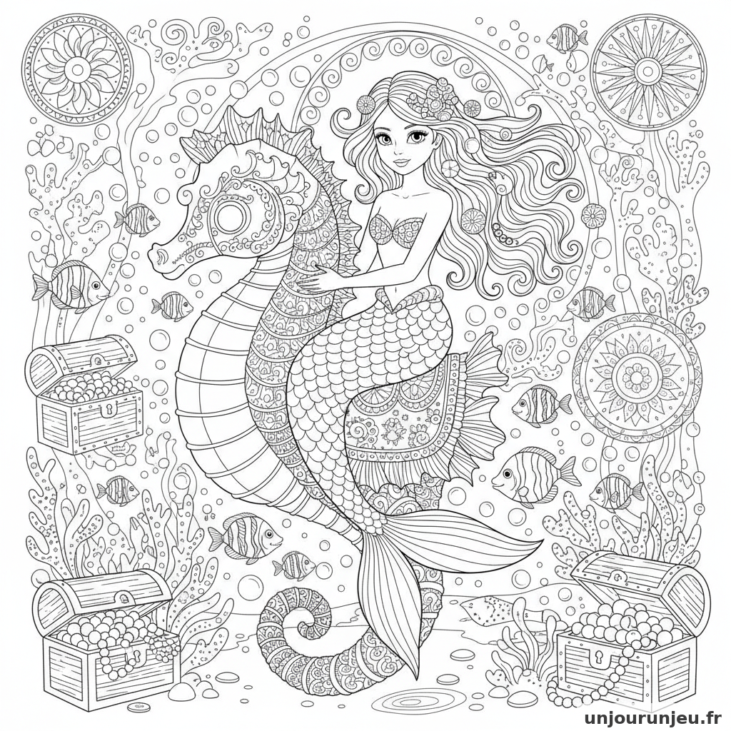 Coloriage Sirene Sirene Selle Brodee Grand Hippocampe 14