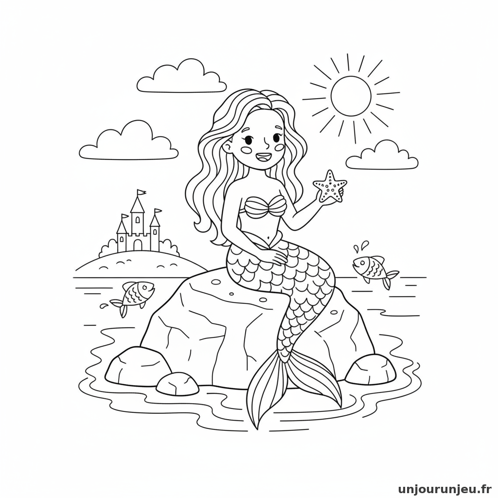Coloriage Sirene Sirene Assise Rocher Bord Mer 02