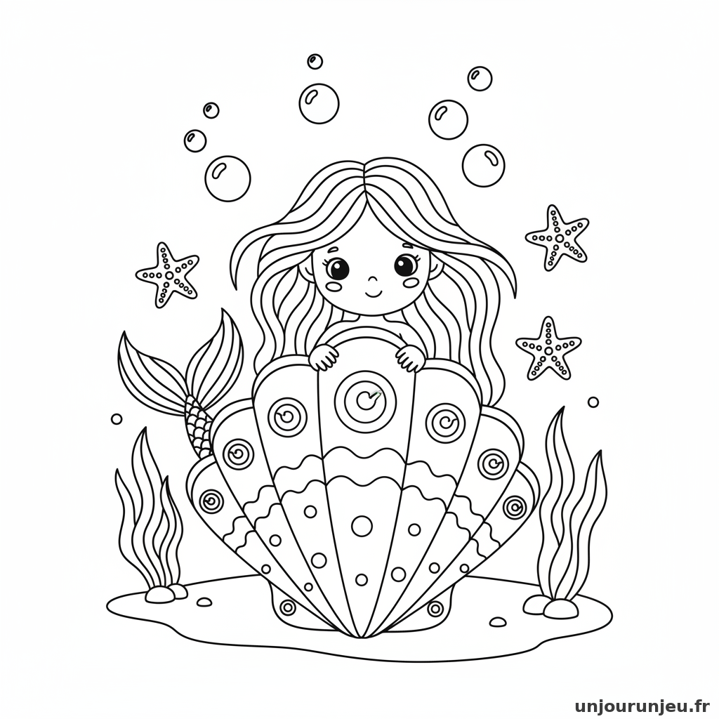 Coloriage Sirene Sirene Cache Derriere Grand Coquillage 08
