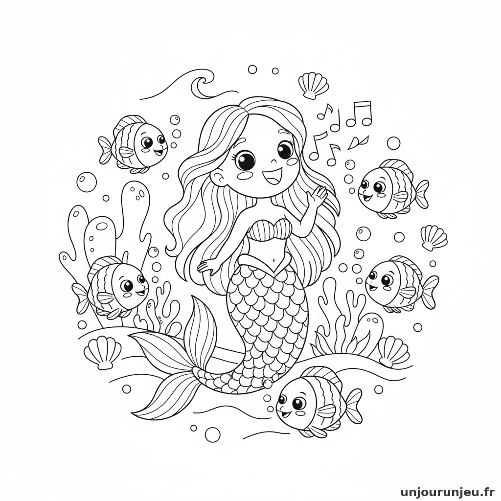 Coloriage Sirene Sirene Chante Poissons Autour 10