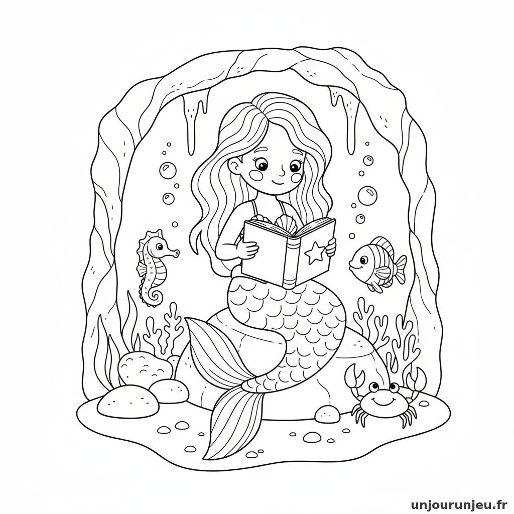 Coloriage Sirene Sirene Lit Livre Grotte Marine 15