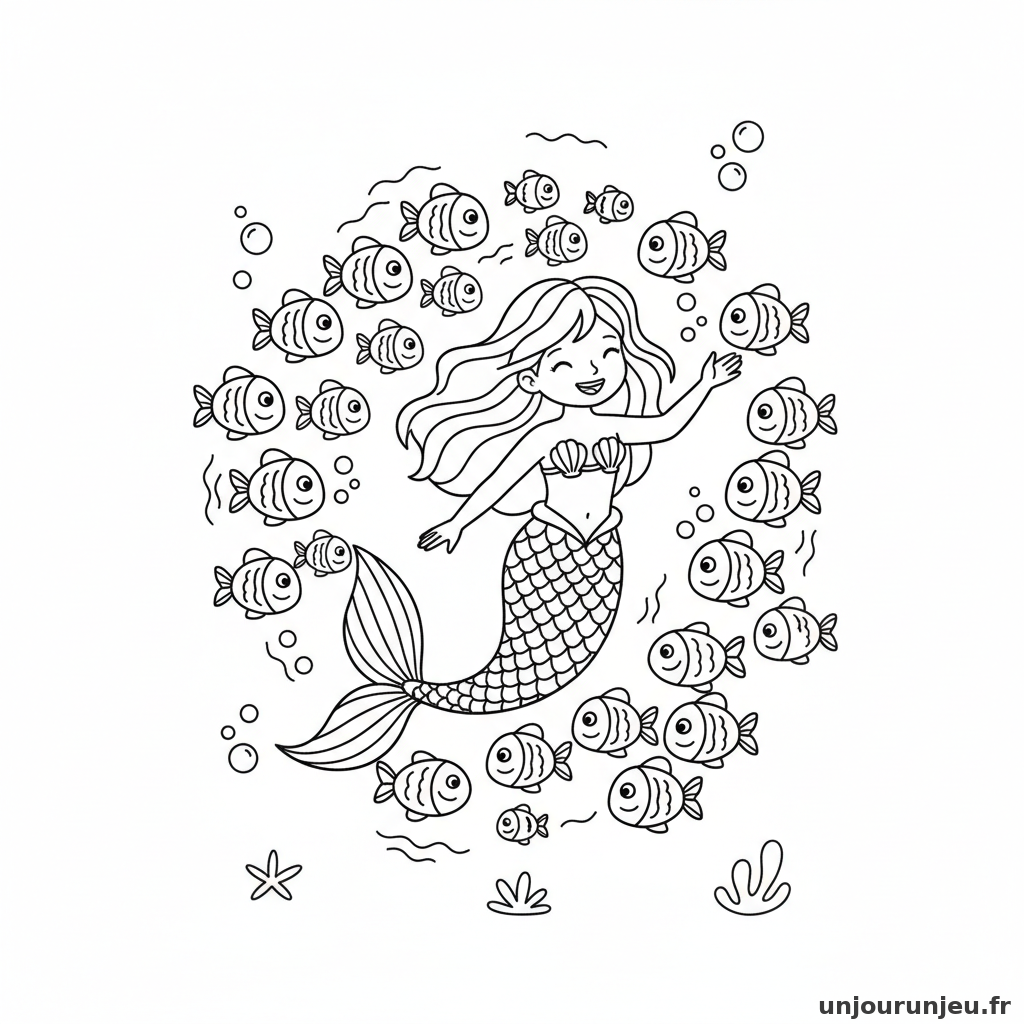 Coloriage Sirene Sirene Nage Banc Poissons 01