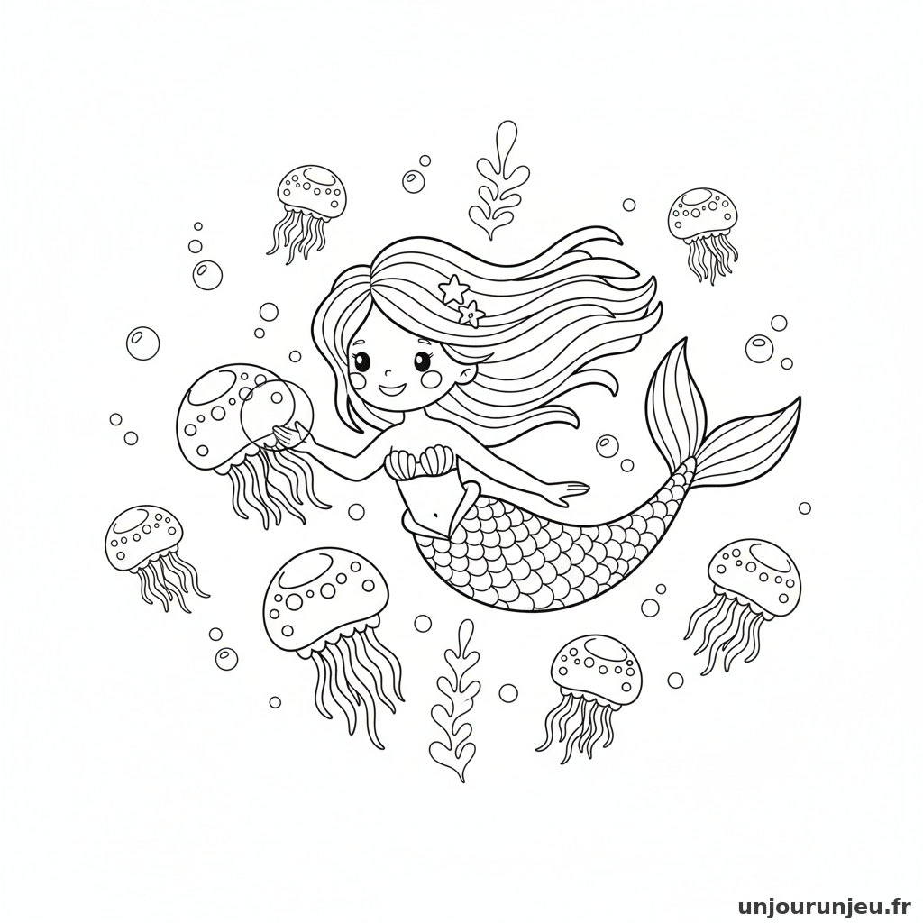 Coloriage Sirene Sirene Nage Entre Meduses Lumineuses 17