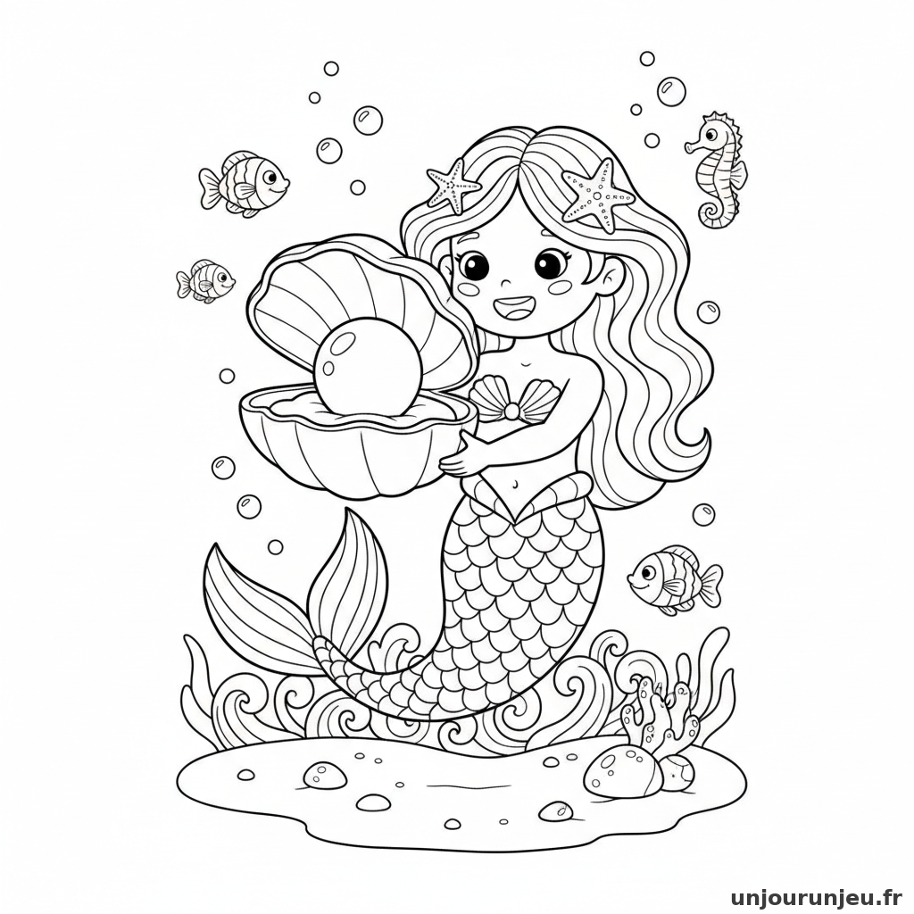Coloriage Sirene Sirene Ouvre Huitre Trouver Perle 12