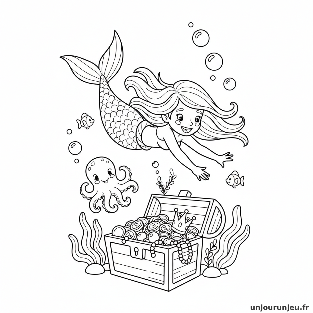 Coloriage Sirene Sirene Plonge Vers Tresor Fond Leau 03