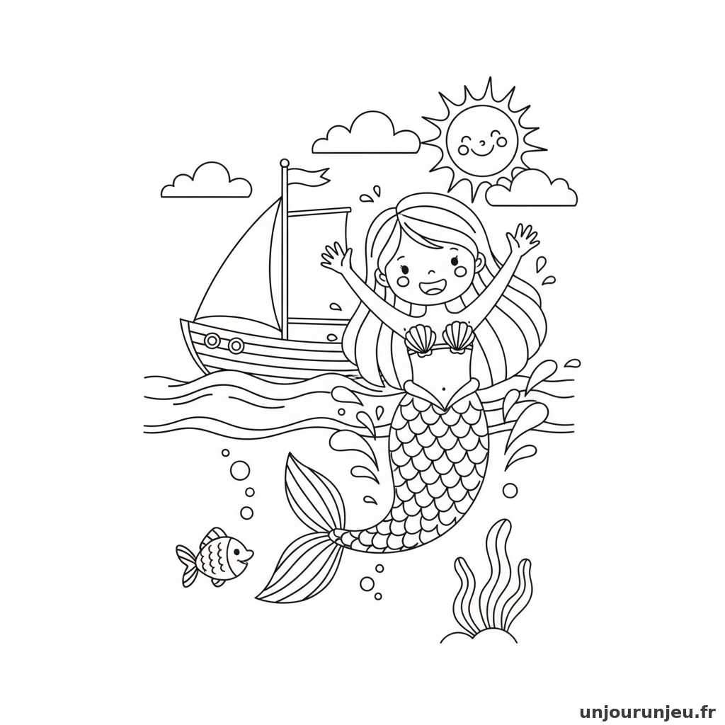 Coloriage Sirene Sirene Saute Hors Leau Pres Dun Voilier 13