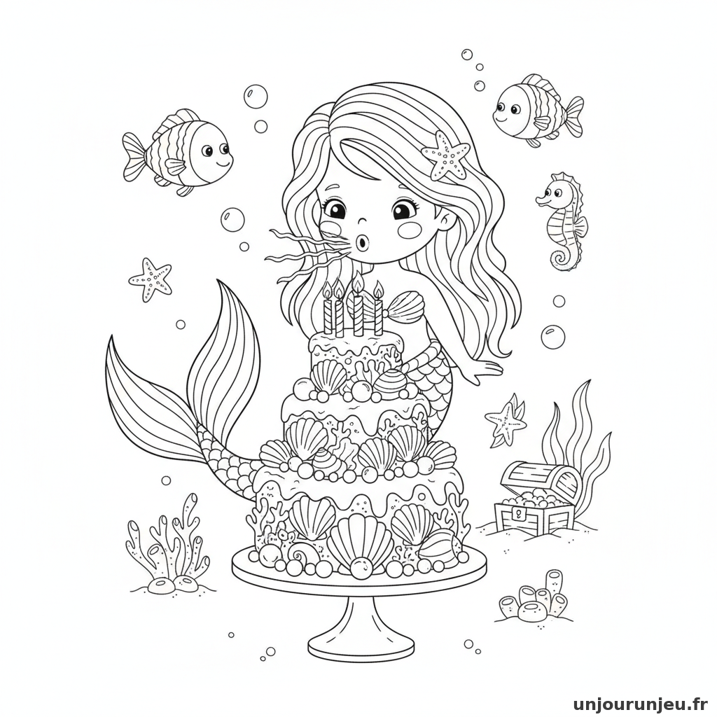 Coloriage Sirene Sirene Souffle Bougies Dun Gateau Coquillages 20