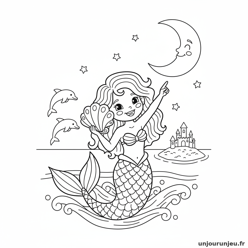 Coloriage Sirene Sirene Surface Regarde Lune 14