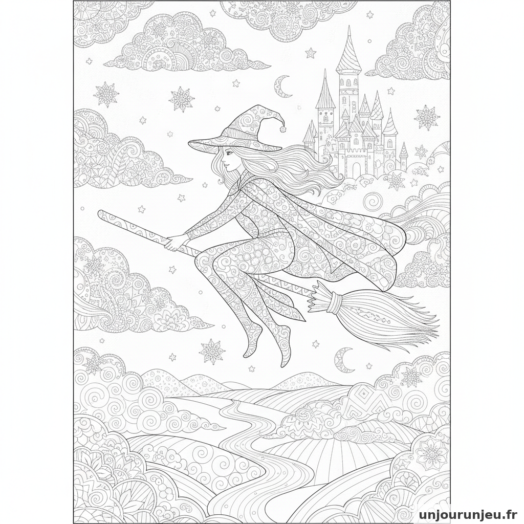 Coloriage Sorciere Sorciere Balai Volant Nuages 14