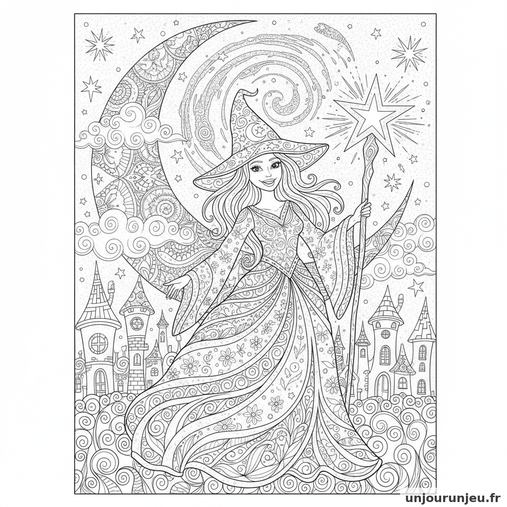 Coloriage Sorciere Sorciere Etoiles Lune 12