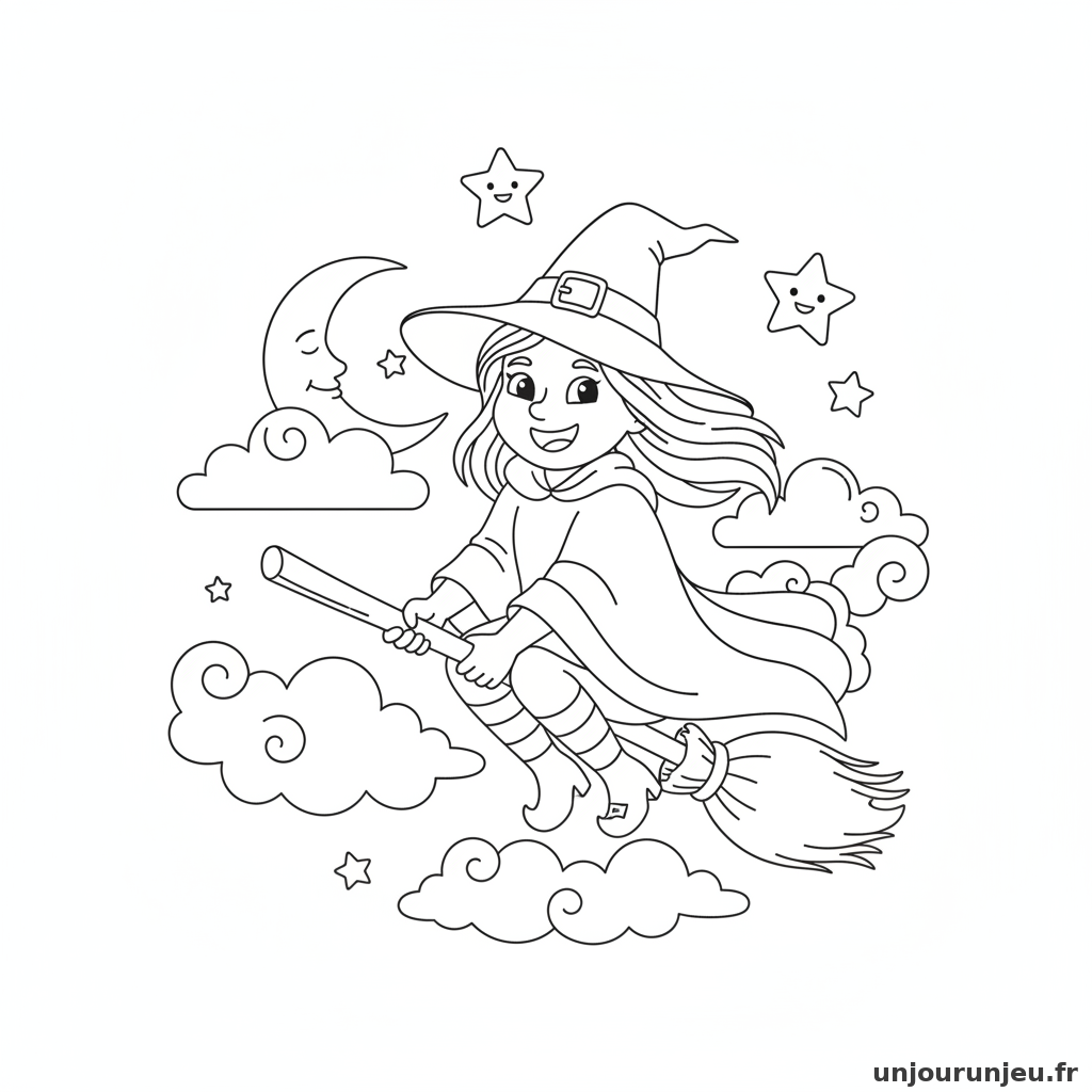 Coloriage Sorciere Sorciere Balai Volant Nuages 14