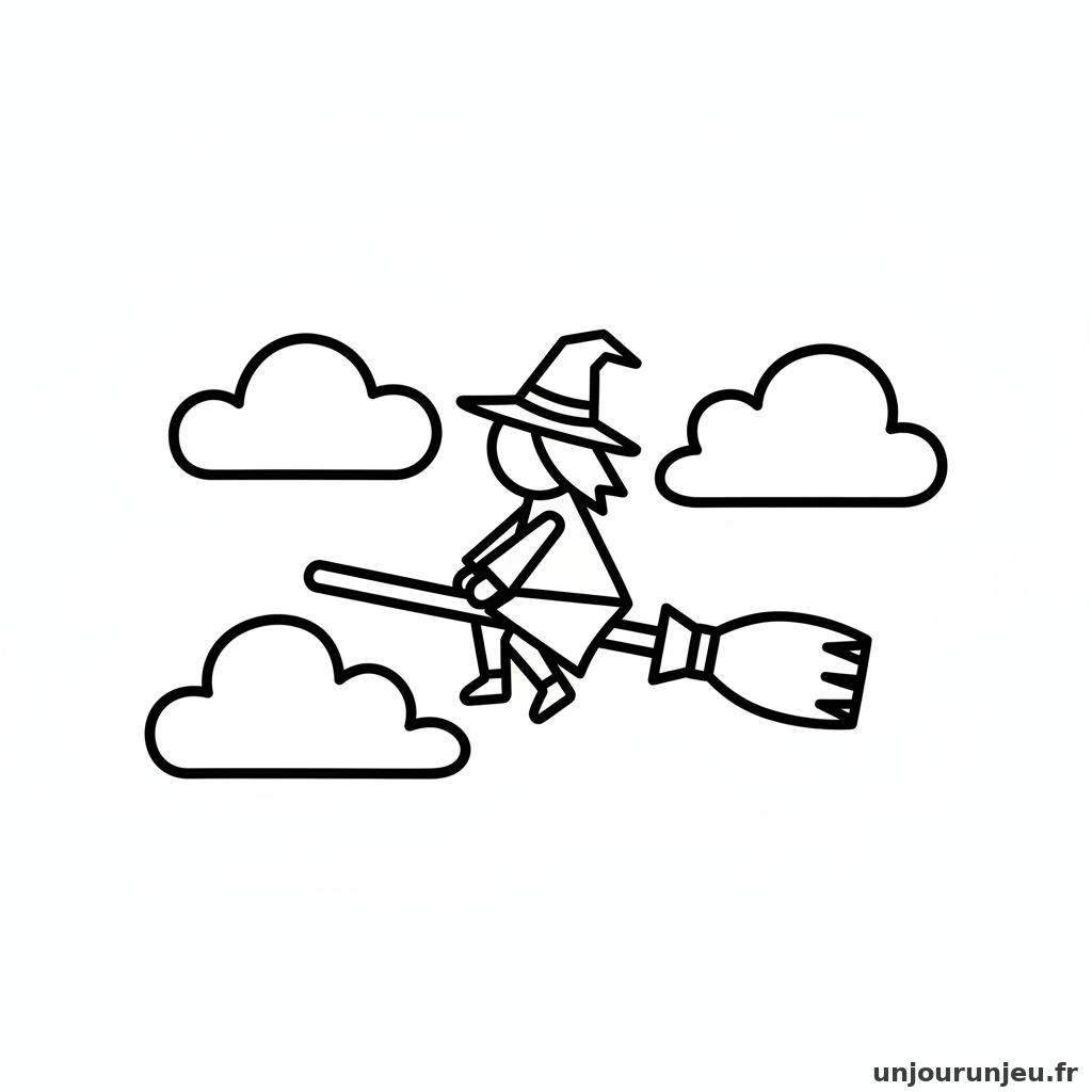Coloriage Sorciere Sorciere Balai Volant Nuages 14