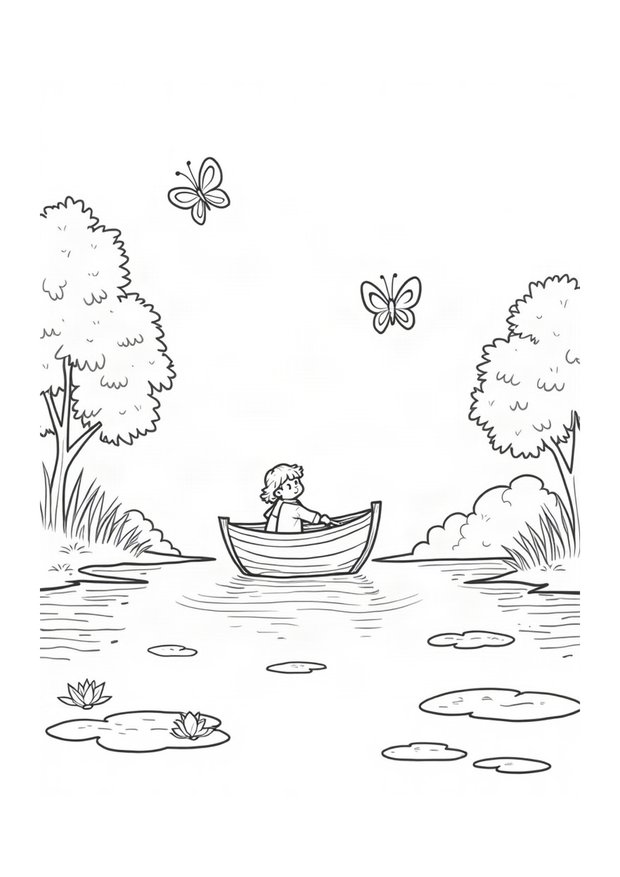 Coloriage 1 : Le bateau sur la rivière