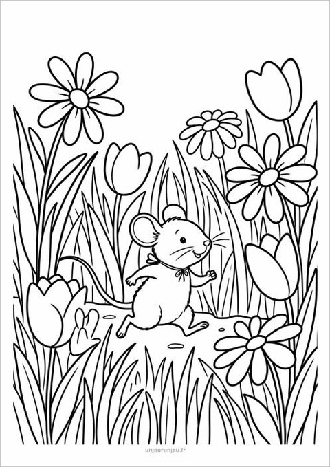 Coloriage 1 : la souris verte court dans l'herbe
