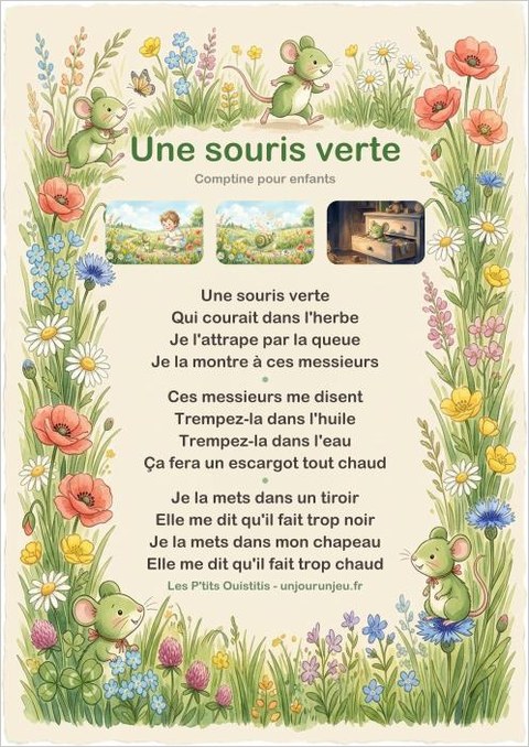 Aperçu des paroles illustrées en couleur de Une souris verte au format PDF