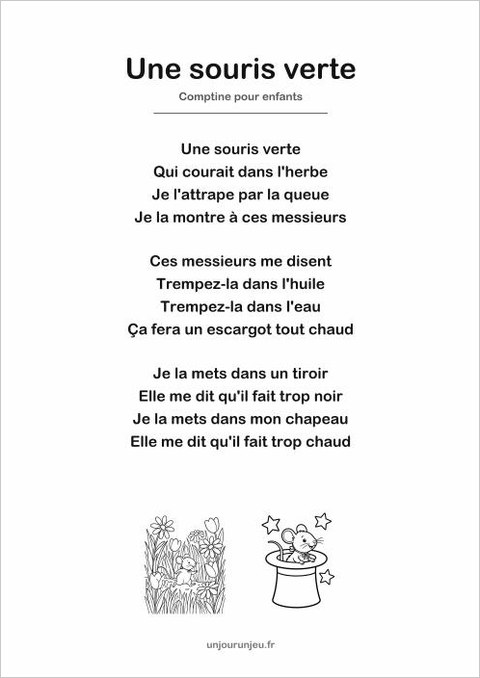 Aperçu des paroles en noir et blanc de Une souris verte au format PDF
